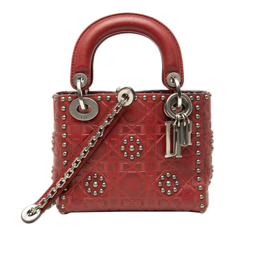 Dior Cannage Lady Studded Handbag Shoulder Bag Red Leather